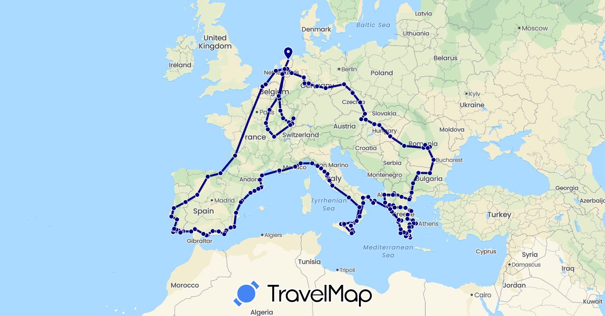 TravelMap itinerary: driving in Albania, Austria, Belgium, Bulgaria, Czech Republic, Germany, Spain, France, Greece, Hungary, Italy, Macedonia, Netherlands, Portugal, Romania, Slovakia (Europe)